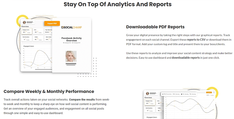 In addition to publishing and scheduling content to a variety of social media channels, Social Champ also provides an analytics section to give you an overview of your recent posts and engagement, as well as reports on your follower count.