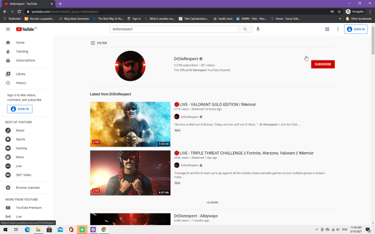 Screenshot of Dr. Disrespect's YouTube Channel - an example of how to make money on youtube without making videos