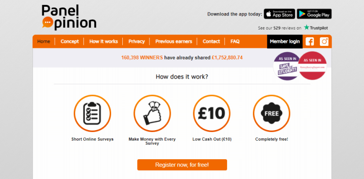 Screenshot from PanelOpinion - online surveys for money