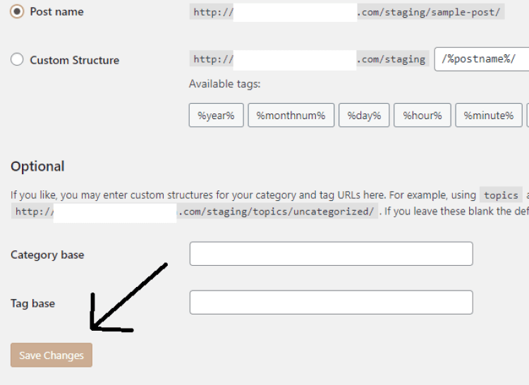 Screenshot showing how to save changes to Permalink Settings
