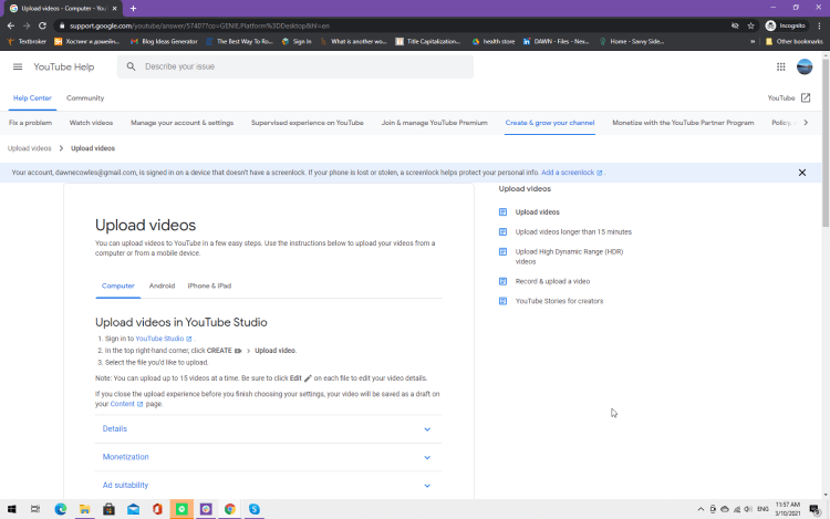 Screenshot explaining how to upload videos in YouTube Studio