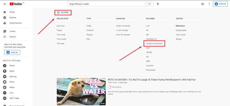 Screenshot from YouTube showing how to filter Creative Commons
