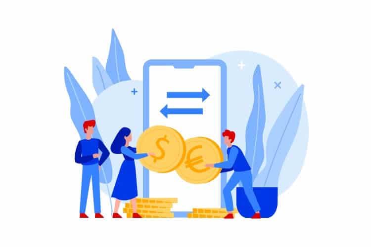 Vector illustration of people exchanging coins