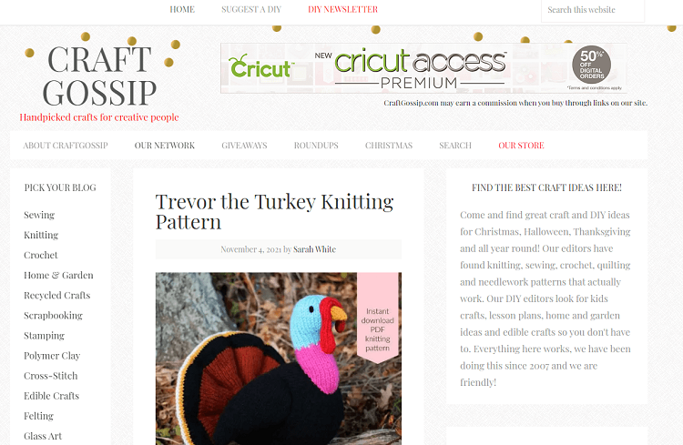 This is a screenshot of the homepage of Craft Gossip DIY blog