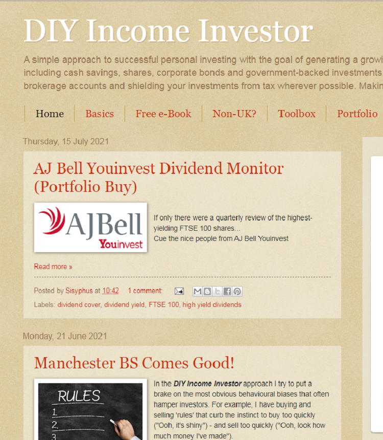 This is a screenshot of the homepage of DIY Income Investor DIY blog