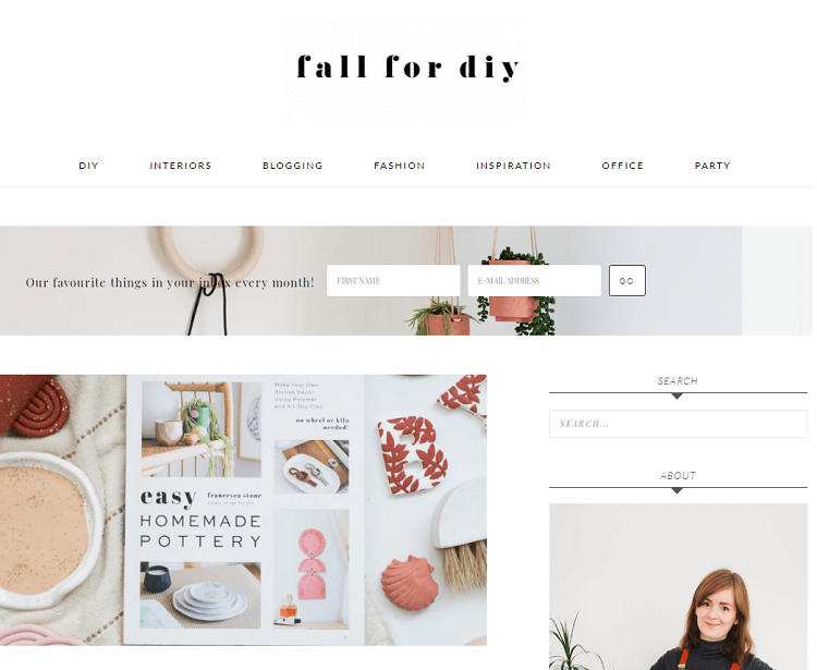 This is a screenshot of the homepage of Fall For DIY blog