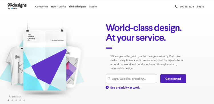 Freelancer Website for Graphics Job, 99designs page offers to get started with world-class design at your service.