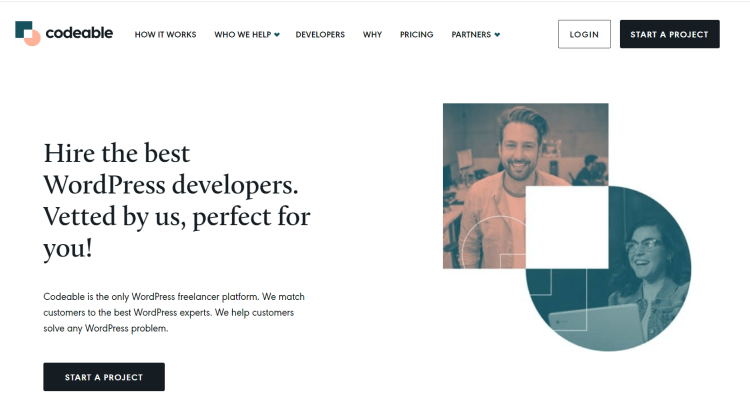 Freelancer Website for Developer Jobs, Codeable page offers to hire the best WordPress developers.
