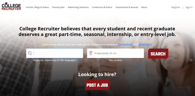 Freelancer Website for Students, College Recruiter page says it believes that every student and recent graduate deserves a great parrt-time, seasonal, internship, or entry-level job.