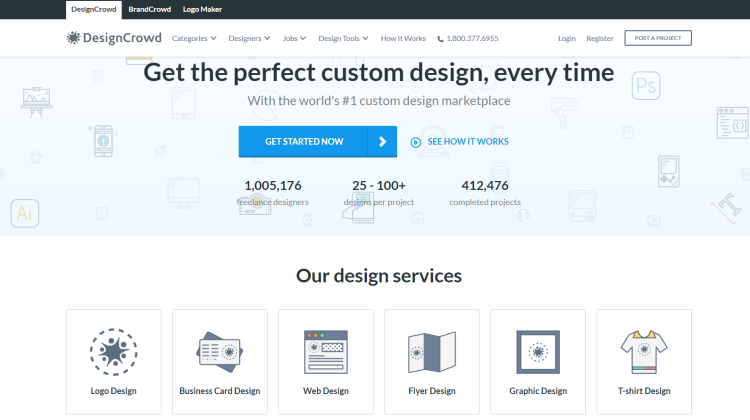 Freelancer Website For Beginners, DesignCrowd pageoffers you to get the perfect custom design.