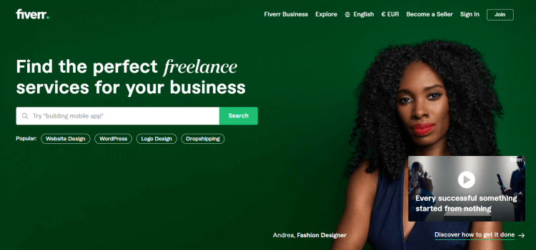 Popular Freelancer Website, Fiverr home page offering a search engine for finding services for your business.