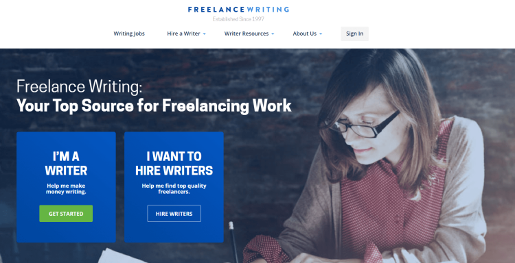 Freelancer Writing Jobs Website, Freelance Writing page saying it is top source for freelancing work for writers.