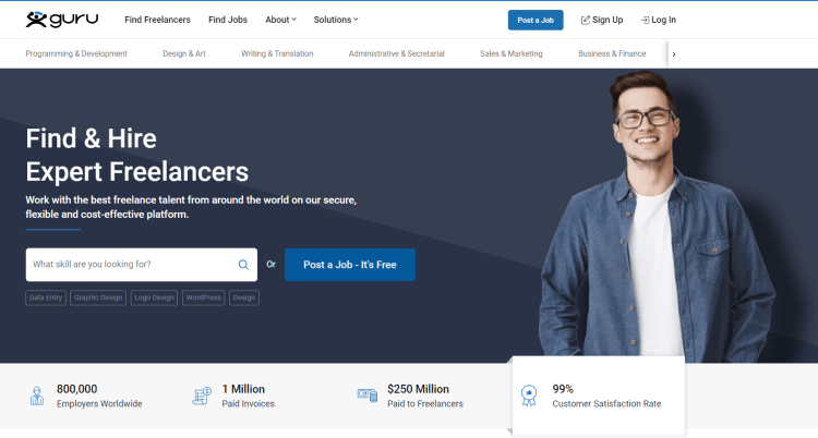 Trustworthy Freelancer Website, Guru page offering to find and hire expert freelancers.