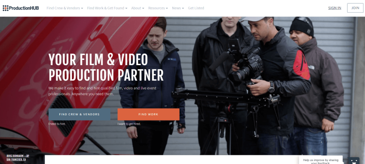 Freelancer Websites for Video Editors, ProductionHUB page claims to be your film and video production partner.