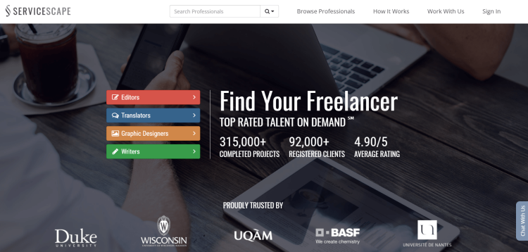 Freelancer Website for Editors, ServiceScape page offering to find your freelancer.