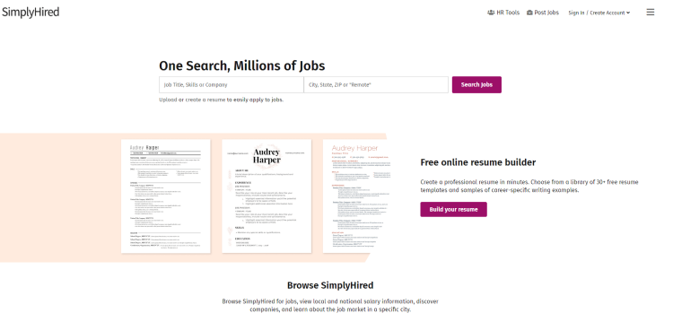 Freelancer Website For Professionals, SimplyHired page offering to search millions of jobs.