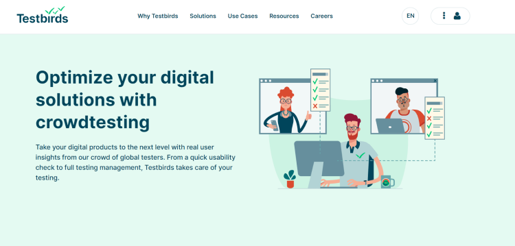 Freelancer Website for Testing Jobs, Testbirds page offers you to optimize your digital solutions with crowdtesting.