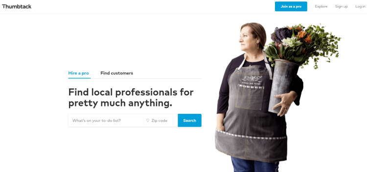 Freelancer Websites With Low Competition, Thumbtack page offering to find local professionals.