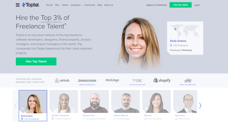 Highest-Paid Freelancer Website, Toptal page offering to hire the top 3% of freelance talent.