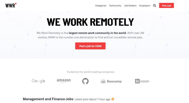  Freelancer Outsourcing Website, We Work Remotely page offers to post a job for $299.