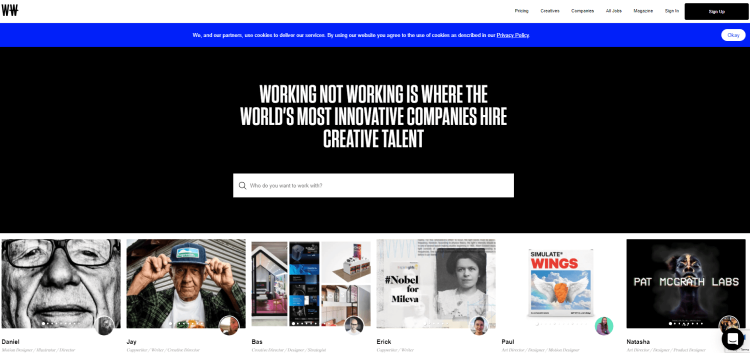Freelancer Website for Design and Developer Jobs, Working Not Working page saying it is where tthe world's most innovative companies hire creative talent.
