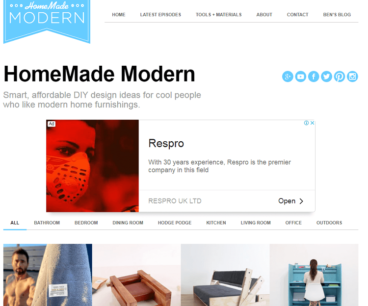 This is a screenshot of the homepage of Homemade Modern DIY blog