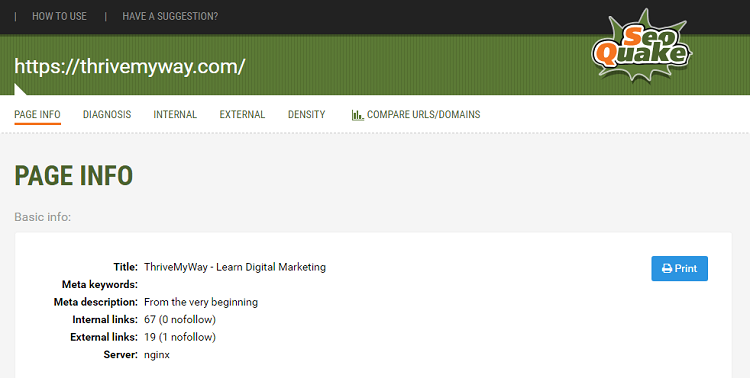 In the image above we are checking the page info for ThriveMyWay.com.