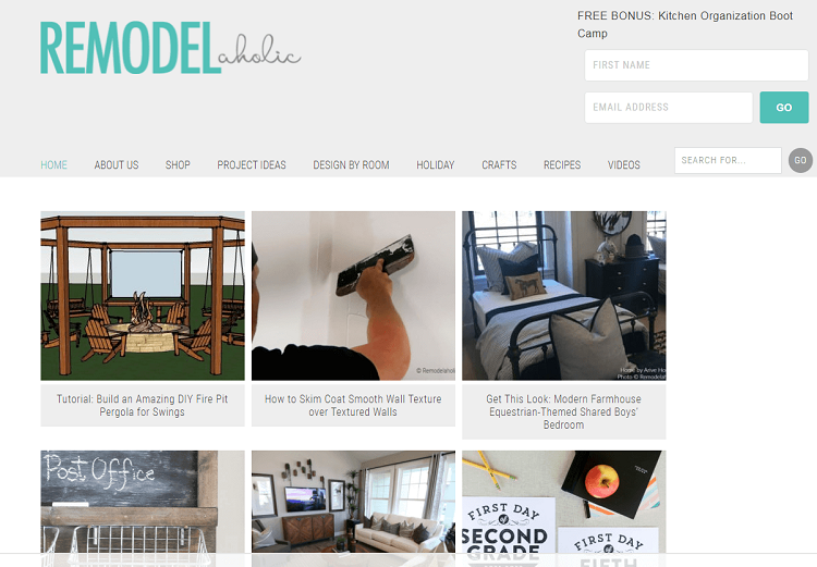This is a screenshot of the homepage of Remodeaholic Blog DIY BLOG