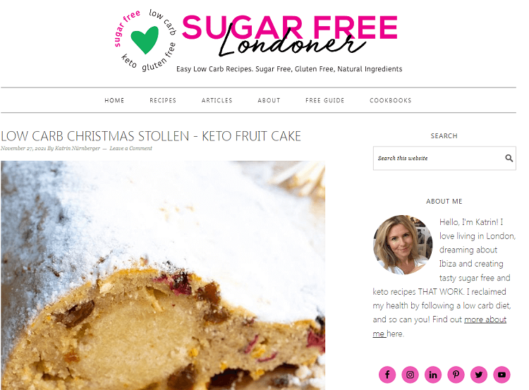 Created by Katrin Nurnberger, Sugar-Free Londoner was created to help anyone wanting to avoid sugar and improve their diet. Katrin started looking for sugar-less recipes when she was diagnosed with interstitial cystitis and realized sugar feeds inflammation.
