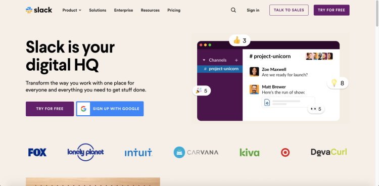 Best content marketing tool: Slack homepage.