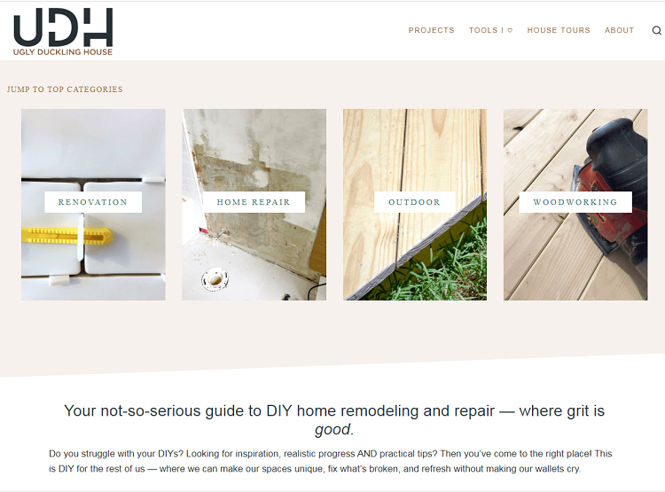 This is a screenshot of the homepage of Ugly Duckling House DIY blog
