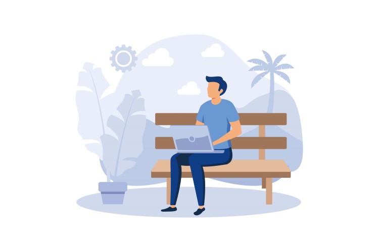 How to become a digital nomad concept, a man is sitting with a laptop on the bench.