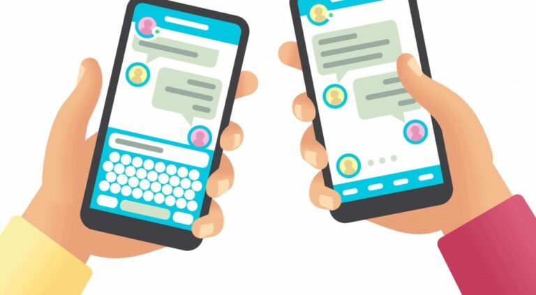 Two different hands holding two different phones showing text conversations.