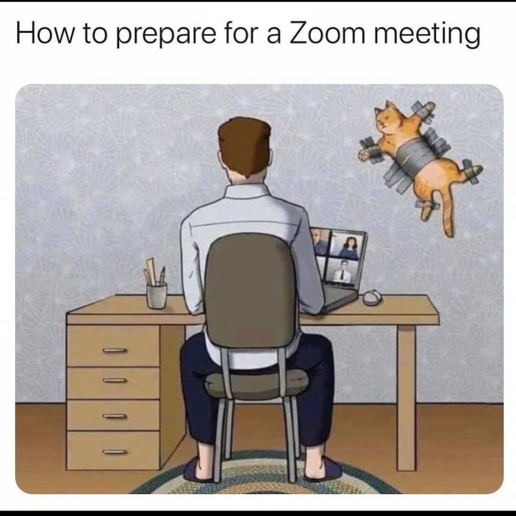 working from home meme and man preparing for Zoom call