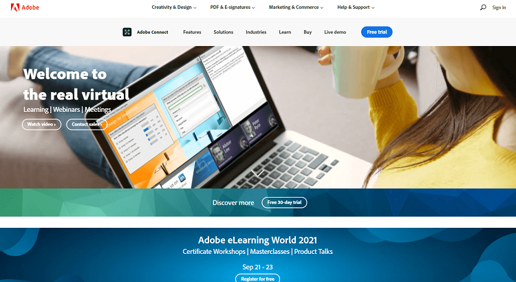 This is the homepage of Adobe Connect webinar software tool.