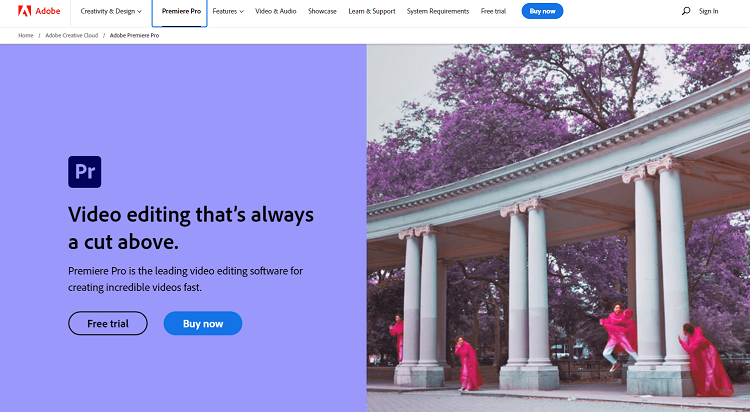 This is the homepage of Adobe Premiere Pro video editing software.