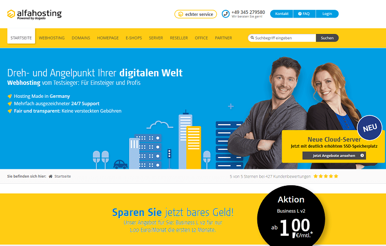 This is a screenshot of the homepage of Alfahosting provider in Germany.