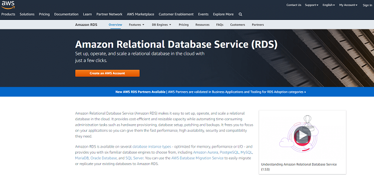 This is a screenshot of the homepage of the Amazon RDS database software.