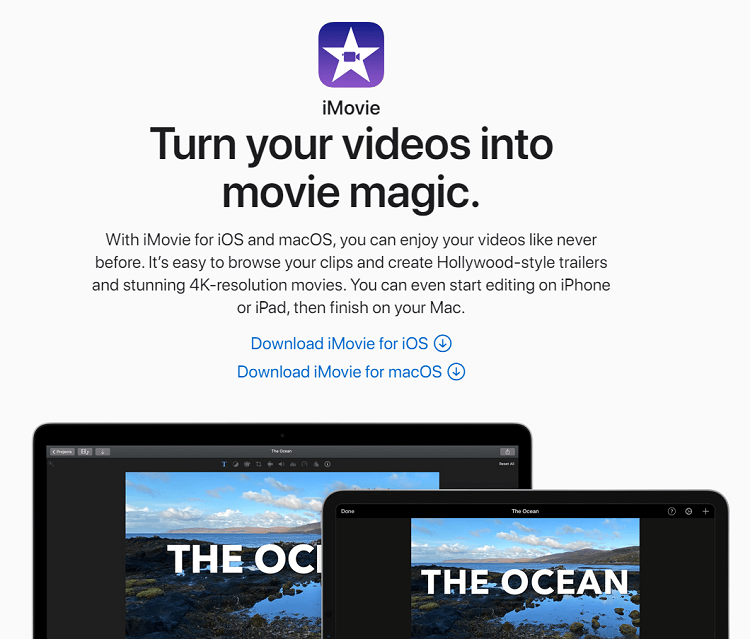 This is the homepage of Apple iMovie video editing software.