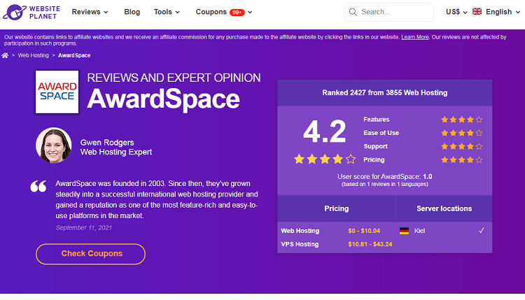 This is a screenshot of the homepage of Award Space hosting provider in Germany.