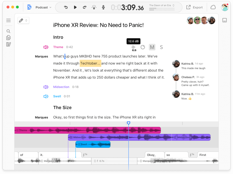 Audio Editing Software, Descript interface.