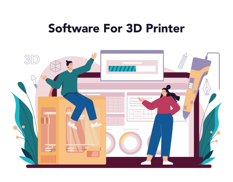 Software for 3D Printer concept, a man and a woman as 3D designers are working at the foreground of a huge 3D software tools.