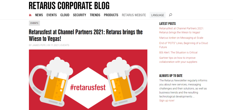 Retarus blog page, one of the best corporate blogs. 