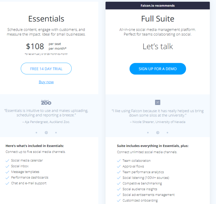 Best Social Media Tool for Professionals, Falcon.io and its pricing plans.