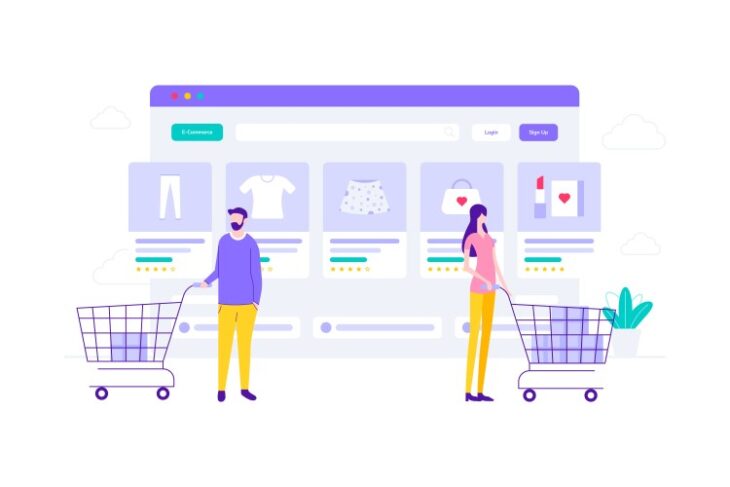 Best ecommerce platform concept, a man and a woman are choosing products on the Internet.