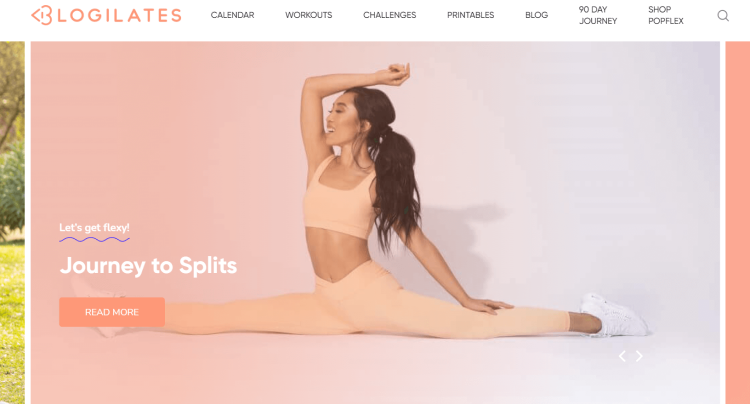 motivational fitness blog, Blogilates home page offering to get started with "Journey to Splits" post.