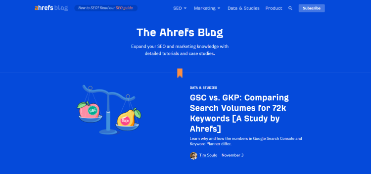 Business Blog, Ahrefs SEO Blog page with GSC vs GKP news.