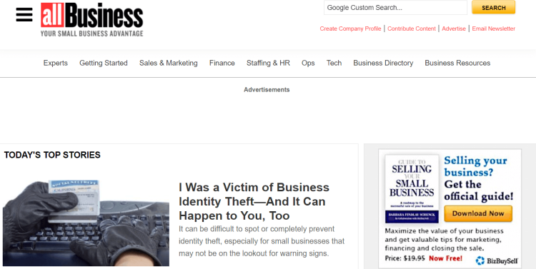 Business Development Blog AllBusiness.com home page with today's top story about business identity theft.