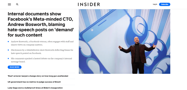 usiness News Blog Business Insider home page with news about Andrew Bosworth blaming hate speech posts on 'demand.'