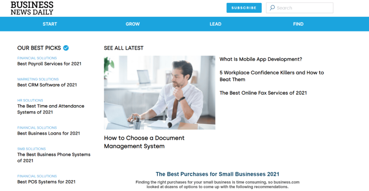 Business Blog Business News Daily home page with a best picks table of content and the latest article about how to choosee a document management system.